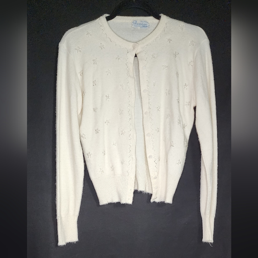 White Cardigan w/ clear & pearl beading